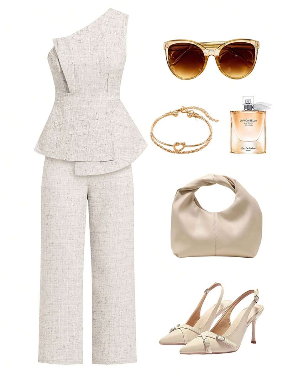 Ellevyn Aprikotfarbenes strukturiertes Stoff asymmetrisches Schulter asymmetrisches Top + gerade Bein Hose Damen 2 Stücke Set Sommeroutfit für Frauen Lehreroutfit für Frauen Zweiteiler Sommer für Frauen Businesslook für Frauen