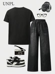 SHEIN Explorewe Teen Boy Street Fashion Round Neck Letter Print T-Shirt - Black - View 2