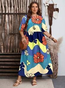 EMERY ROSE Plus Size Round Neck Short Sleeve Floral Print Simple Long Dress,Spring Outfits For Women,St Patrick Day Outfit,Summer Outfits For Women,Vacation Outfits Woman,Concert Outfit Women,Easter Outfit Women,Easter Outfit Women,Country Concert Outfit, Western Wear Women,Boho Chic,Boho Women Clothing,Summer Outfits For Women