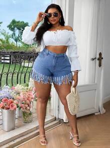 Plus Size Women Non-Stretch Ripped Hem Denim Shorts, Versatile And Sexy Women Summer Outfits Vacation - Light Wash - View 5