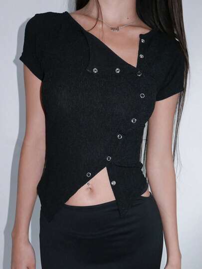 Strévra 女士纯色休闲斜襟短袖修身T恤 Y2k