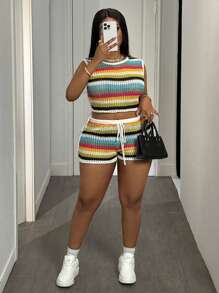 Slaydiva 2025 Spring/Summer New Arrival Vacation Beach Casual Colorful Striped Hollow Out Knit Halter Tank Top + Tied Shorts 2Pcs Women Knit Set - B