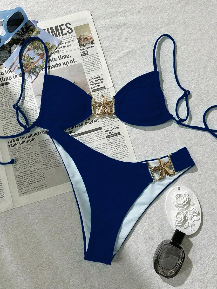 Swim Mod Sexy Vacation Adjustable Strap Starry Accent & Regular Triangle Bottom Women's Spaghetti Strap Bikini Set, Summer - Navy Blue - View 1