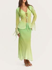 Nöista Blusa de gasa con degradado verde pastel con detalles de lazos en las mangas y el frente. Perfecta para primavera y verano, combínala con la falda a juego, ideal para vacaciones, Pascua u ocasiones especiales.