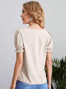 SHEIN Clasi Women's Solid Color Keyhole Neck Short Puff Sleeve Casual Blouse - Apricot - View 2