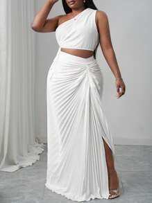 Slaydiva 2 件套大码不对称肩纯色上衣和裙子套装，简约时尚，适合夏季