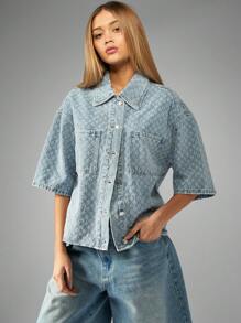 MISSGUIDED 超大牛仔衬衫夹克纽扣羽绒浅色水洗苦恼夏季春季裁剪顶级街头服饰节时尚声明件 - 淺色水洗藍 - 查看 7
