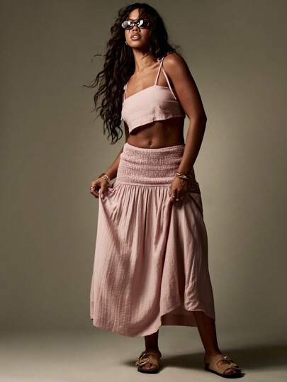 MISSGUIDED Linen-Look Two Piece Set With Smocked Waist Maxi Skirt And Crop Top Beach Resort Wear Summer Vacation Outfit Tie Shoulder Straps Holiday Casual Wear