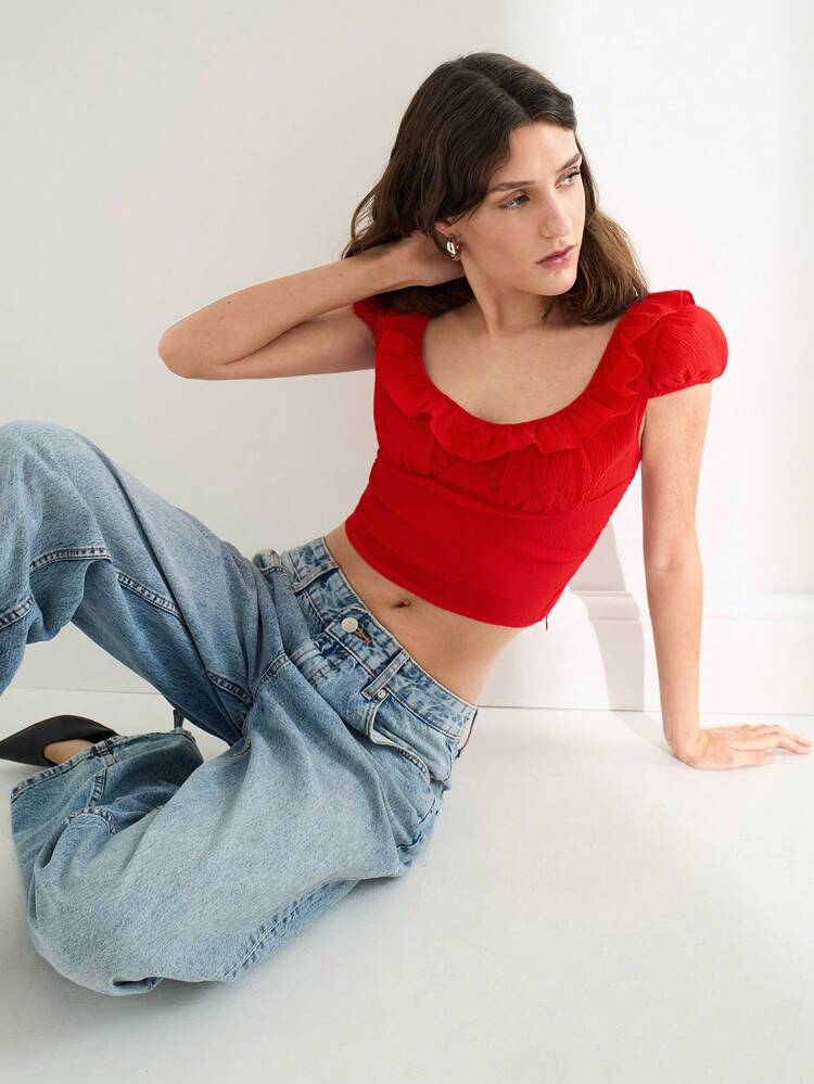 SHEIN Maija Red Ruffled Collar Form-Fitting Elegant Refined Sweet Cropped Style Top For Women, Spring/Summer
