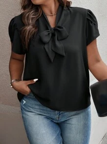 SHEIN Clasi Plus Size Women Solid Color Tie Collar Ruffle Sleeve Blouse - Black - View 1