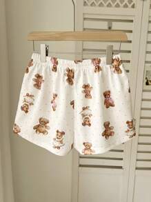Lunelith SHEIN Lunessa Women's Cute Bear Floral Print Shorts, For Spring/Summer Home Wear