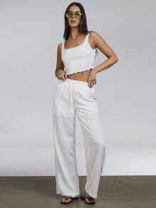 Athîral Women Jersey Mesh Strap Detail Ruffle Hem Square Neck Crop Top - White - View 4