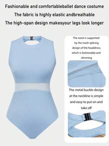 Dansine 女式无袖修身紧身连体衣、芭蕾舞连体衣、成人体操舞蹈服、纯色、高领网眼拼接春夏舞蹈服装连体衣 - 藍色 - 查看 1