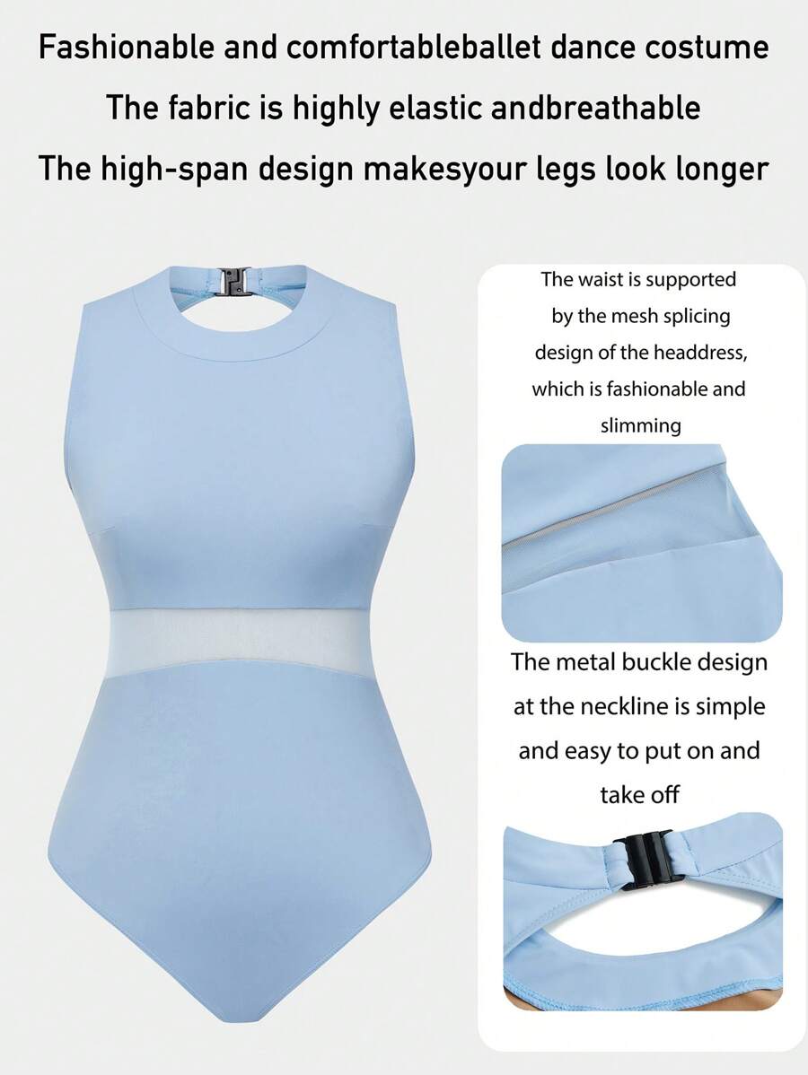 Dansine 女式无袖修身紧身连体衣、芭蕾舞连体衣、成人体操舞蹈服、纯色、高领网眼拼接春夏舞蹈服装连体衣 - 藍色 - 查看 1
