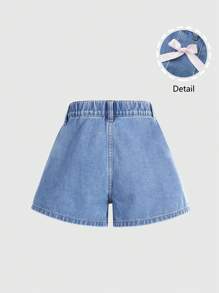 Tween Girls A-Line Ruffled Denim Shorts With Bow Decor, Elasticated Waist, Y2K Style, Casual Outdoor - Light Wash - View 2