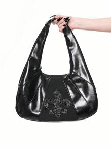 ROMWE Grunge Punk 前卫哥特式鸢尾花水钻刺绣女士优雅深色花卉单肩包，适合万圣节 - 黑色 - 查看 3