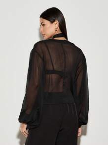 AiiRZ Sheer Wrap Long Balloon Sleeves Top With Long Scarf