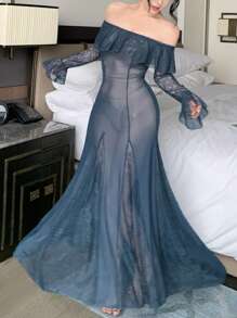 DAZY Romantic See-Through Mesh Lace Splice Ruffle Ruffle Waist Sexy Night Dress For Women - Blue - View 1