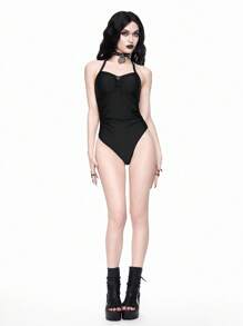 ROMWE Goth Traje de baño de una pieza con tirantes finos y ajustado con diseño de cruz gótico, para Halloween - Negro - Ver 3