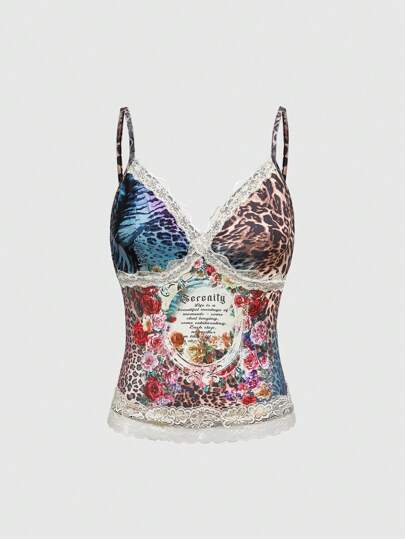 J-Fashion Millennium Hippie vielseitiger Frauen Träger-Camisole mit Patchwork aus Blumen- und Leoparden-Muster Spitze