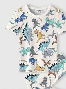 Young Boy Casual Minimalist Snug Fit Round Neck Short Sleeve Pajama Set, Comfortable For All Seasons