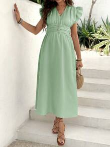 SHEIN Maternity V-Neck Ruffle Puff Sleeve Waisted A-Line Dress, Summer - Green - View 3