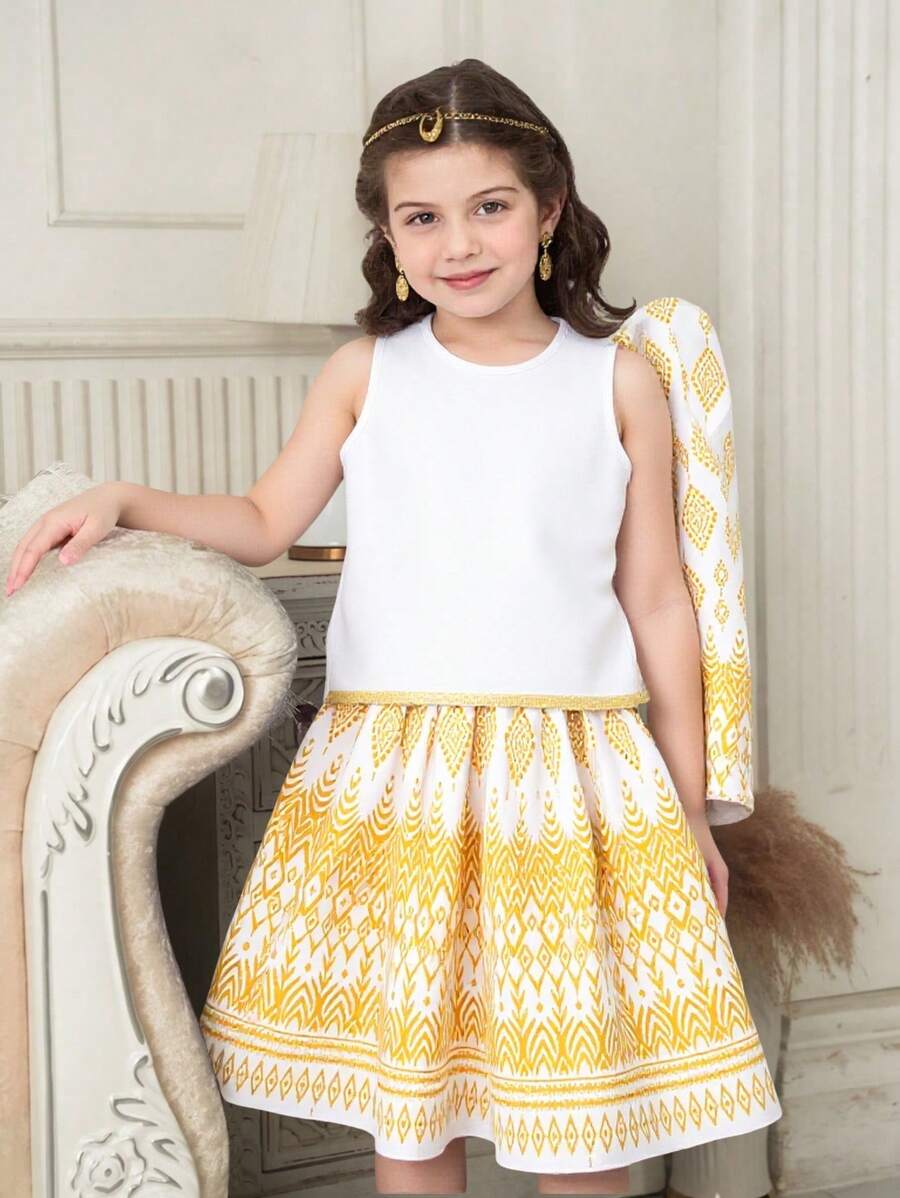 3 件套年轻女孩优雅缎面无袖上衣、几何印花金属裙和披肩夏季派对/婚礼/度假装 - 白色 - 查看 1