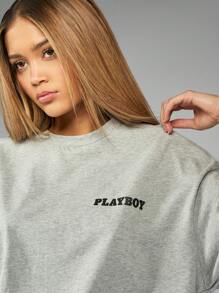 Missguided x Playboy 超大 T 恤街头休闲运动短袖基本款徽标 T 恤舒适家居服运动休闲春夏运动圆领上衣棉混纺针织衫 - 淺灰色 - 查看 6