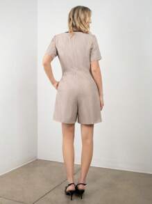 SNOW XUE GAO Summer Elegant Beige Tweed Utility Romper Short Jumpsuits - Camel - View 2