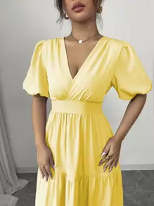 Rafferiza Elegant Casual V-Neck Ruched Flounced Hem Puff Sleeve Dress, Purple Color, Spring/Summer - Yellow - View 5