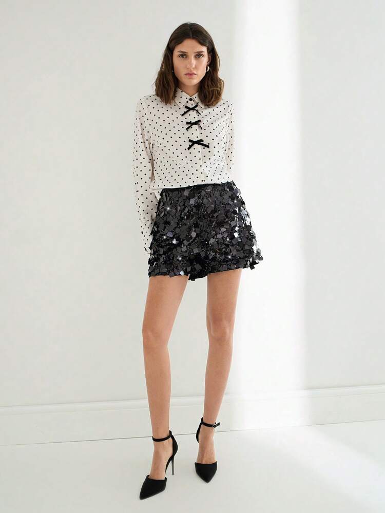 SHEIN Maija Women's Black Sequin Side Zipper Shorts, Loose High Waist Elegant Fashion Summer For Holiday Party, Music Festival