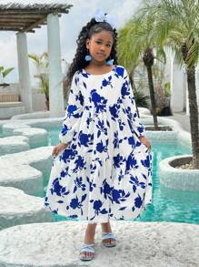 SHEIN SLAYR KIDS Tween Girls' Casual Ditsy Floral Round Neck Long Sleeve Dress - Blue and White - View 5