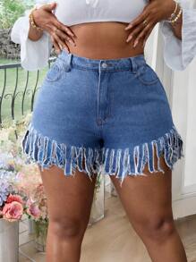 Plus Size Women Non-Stretch Ripped Hem Denim Shorts, Versatile And Sexy Women Summer Outfits Vacation - Light Wash - View 3