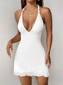 SHEIN PETITE 女士浅黄色网眼吊带连衣裙 - 白色 - 查看 3