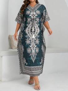 Al Najma Plus Size Women's Floral Print V-Neck Dress With Side Slit,Robe,Modest,Abaya