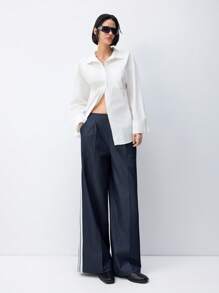 LYSMO 2025 New Arrivel Summer Side-Striped Denim Effect Straight-Leg Wide Pants - Navy Blue - View 6