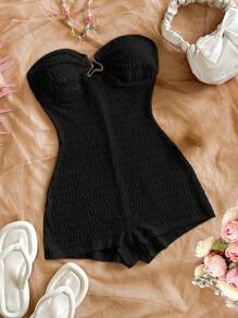 SHEIN WYWH 黑色纹理镂空度假休闲连体衣 - 黑色 - 查看 1