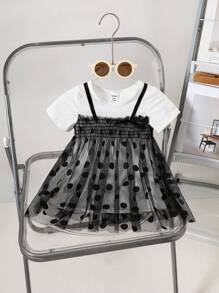 SHEIN 女婴休闲时尚波尔卡圆点网眼连衣裙，带褶饰细节，休闲风格 - 彩色 - 查看 1