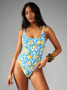 MISSGUIDED Italian Lemon Print One Piece Swimsuit Mediterranean Style Square Neck Swimming Costume Vacation Beach Pool Summer Resort Wear Blue White Pattern - Multicolor - View 4