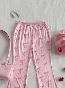 SHEIN Tween Girl' Pink Butterfly Print Flare Pants, Knitted, Comfortable, Casual, Elegant, Lovely, For Spring/Summer/Autumn Young Girl Pants Young Girls Leggings