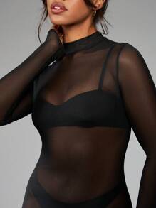 MISSGUIDED Long Sleeve Sheer Mesh High Neck Midaxi Bodycon Dress Club Party Evening Elegant Split Back Overlay Special Occasion Night Out - Black - View 3