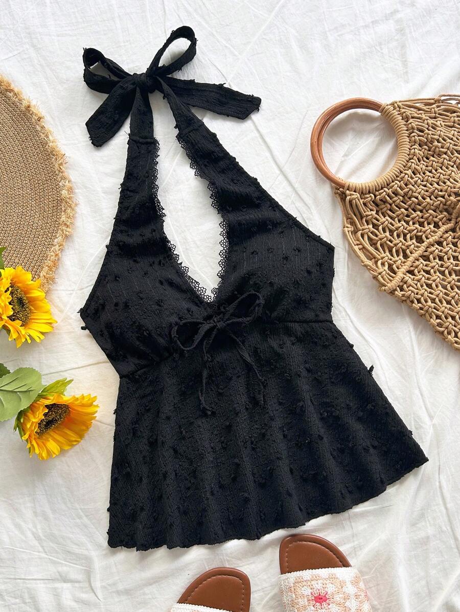 Soleia 女士节日针织波尔卡圆点纹理吊带前 V 领褶皱 A 字形吊带背心上衣，适合派对、约会、情人节、下午茶 - 黑色 - 查看 1