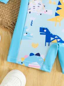 Baby Boy Dinosaur Print Raglan Sleeve One-Piece Swimsuit With Shorts - Multicolor - View 4