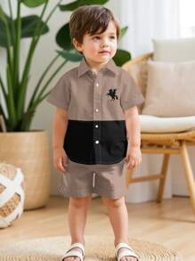 SHEIN Young Boy Casual & Comfortable Classic Fashion Chic Geometric Color Block Patchwork, Hunting Horse Silhouette Print Short Sleeve Shirt And Shorts Sets - Multicolor - View 1