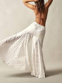 Bohemela Pantalones acampanados de cintura media de unicolor con estilo bohemio patchwork - Blanco - Ver 4