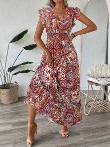 SHEIN LUNE Women's Casual Abstract Graphic Long Sleeve Dress, Basic Everyday Autumn/Winter Outfit - Orange - View 4