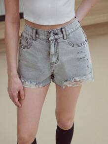 MOTF STUDIO Zerrissene Denim Shorts mit rohem Saum - Grau - Übersicht 1
