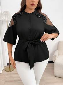 Firerie Plus Size Women 3D Embroidered Patchwork Long Elegant Blouse In Black - Black - View 10