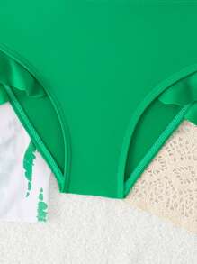 Young Girl 3-Piece Swimwear Set, Printed Random Pattern - Green - View 4