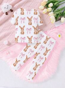 SHEIN 少女可爱兔子粉色蝴蝶结印花白色圆领短袖针织宽松休闲舒适两件套睡衣套装 - 白色 - 查看 2